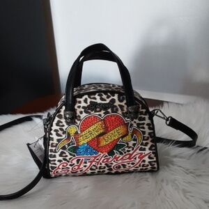 Ed Hardy Leopard Print Crossbody Satchel with Multicolor Heart